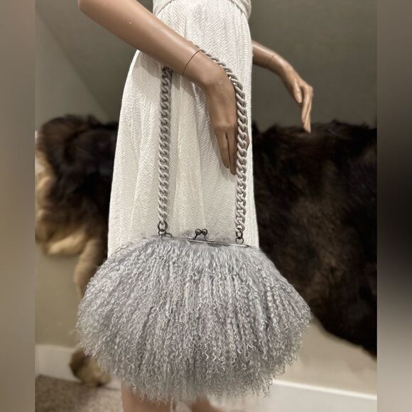 Gray Handmade Genuine Mongolian Lamb Fur Kisslock Clutch/Shoulder Bag/Crossbody - Picture 3 of 16